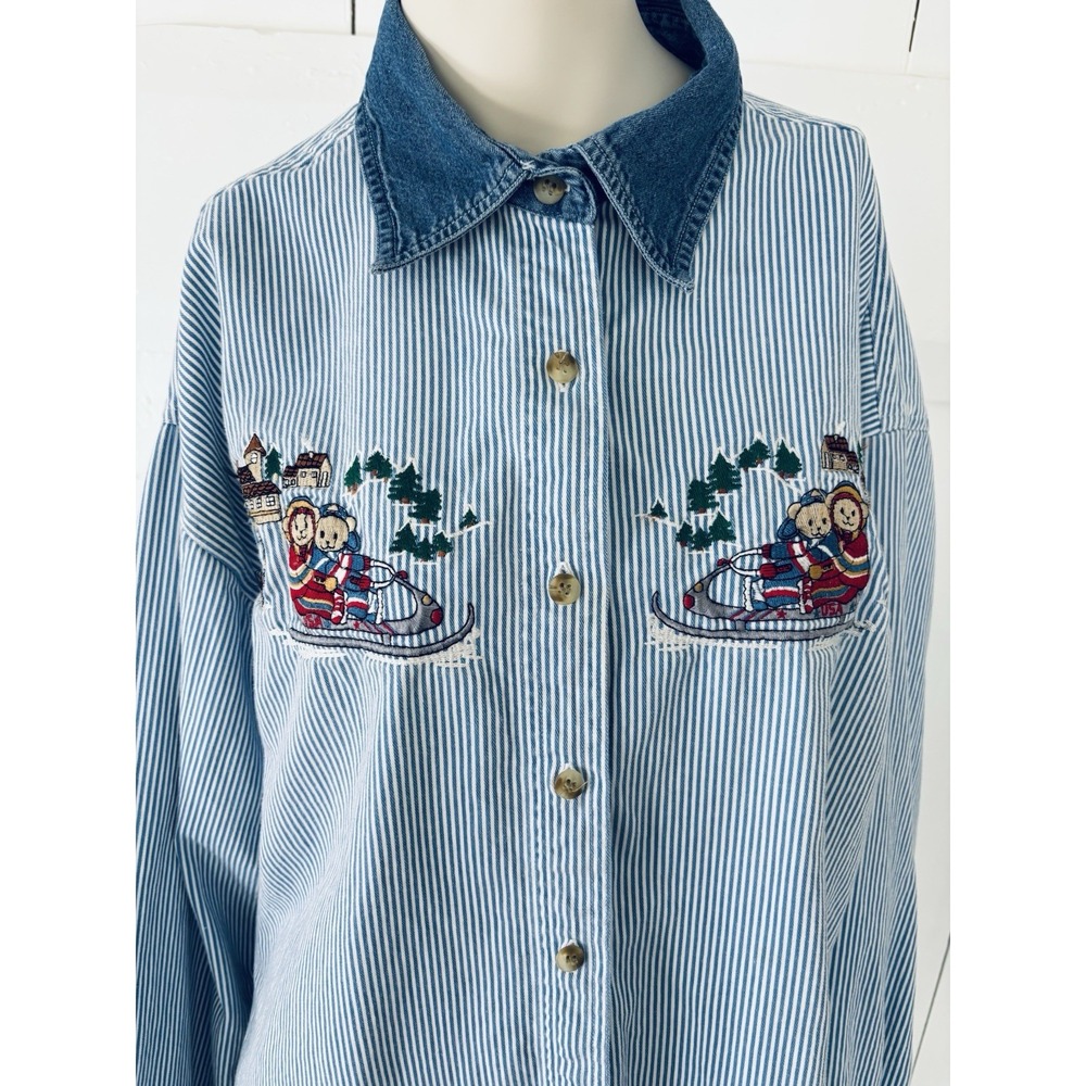 Vintage Embroidered Quizz Christmas Bear Sledding Striped Denim Shirt Granny